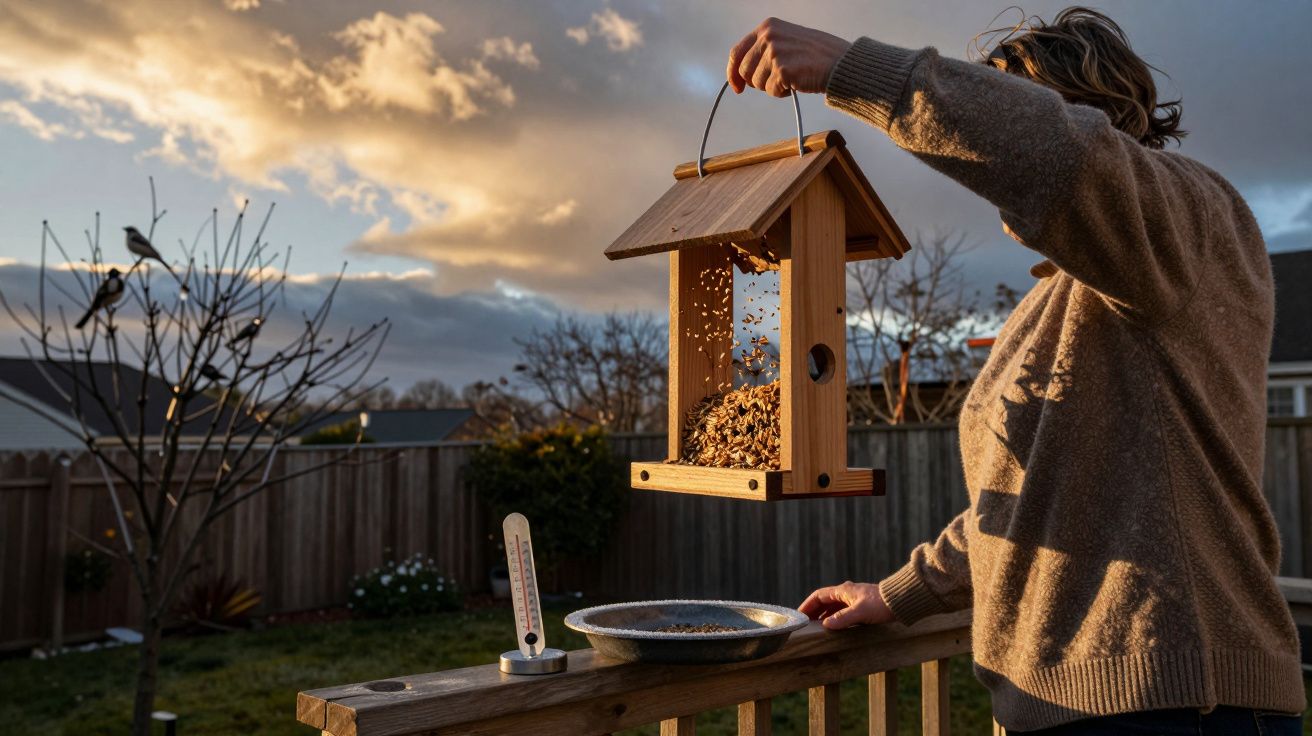Pessoa alimenta pássaros com casa de madeira para aves ao entardecer em jardim cercado.