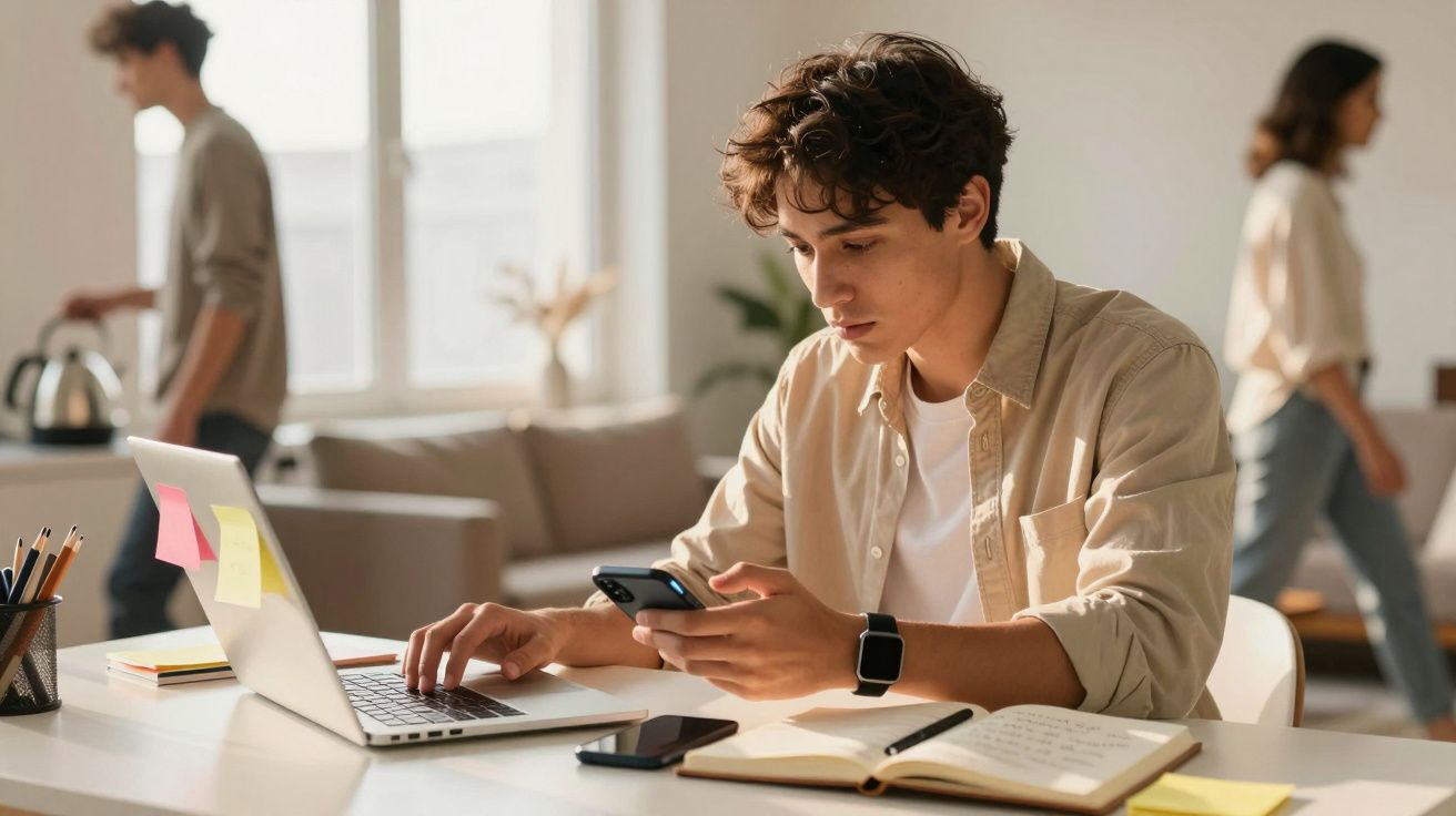 Jovem sentado à mesa usando smartphone e notebook, com caderno aberto e pessoas ao fundo em ambiente claro.