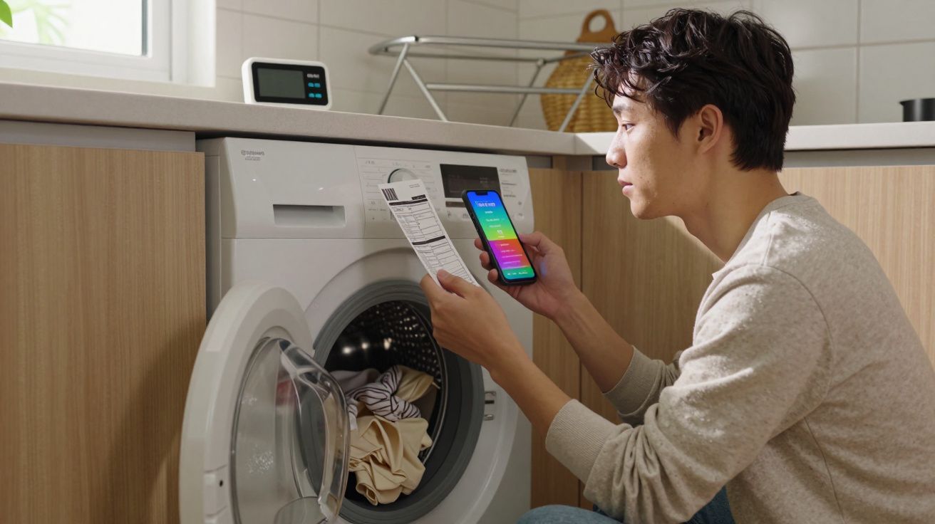 Homem ajoelhado lendo instruções e olhando celular ao lado de máquina de lavar roupa aberta na lavanderia.