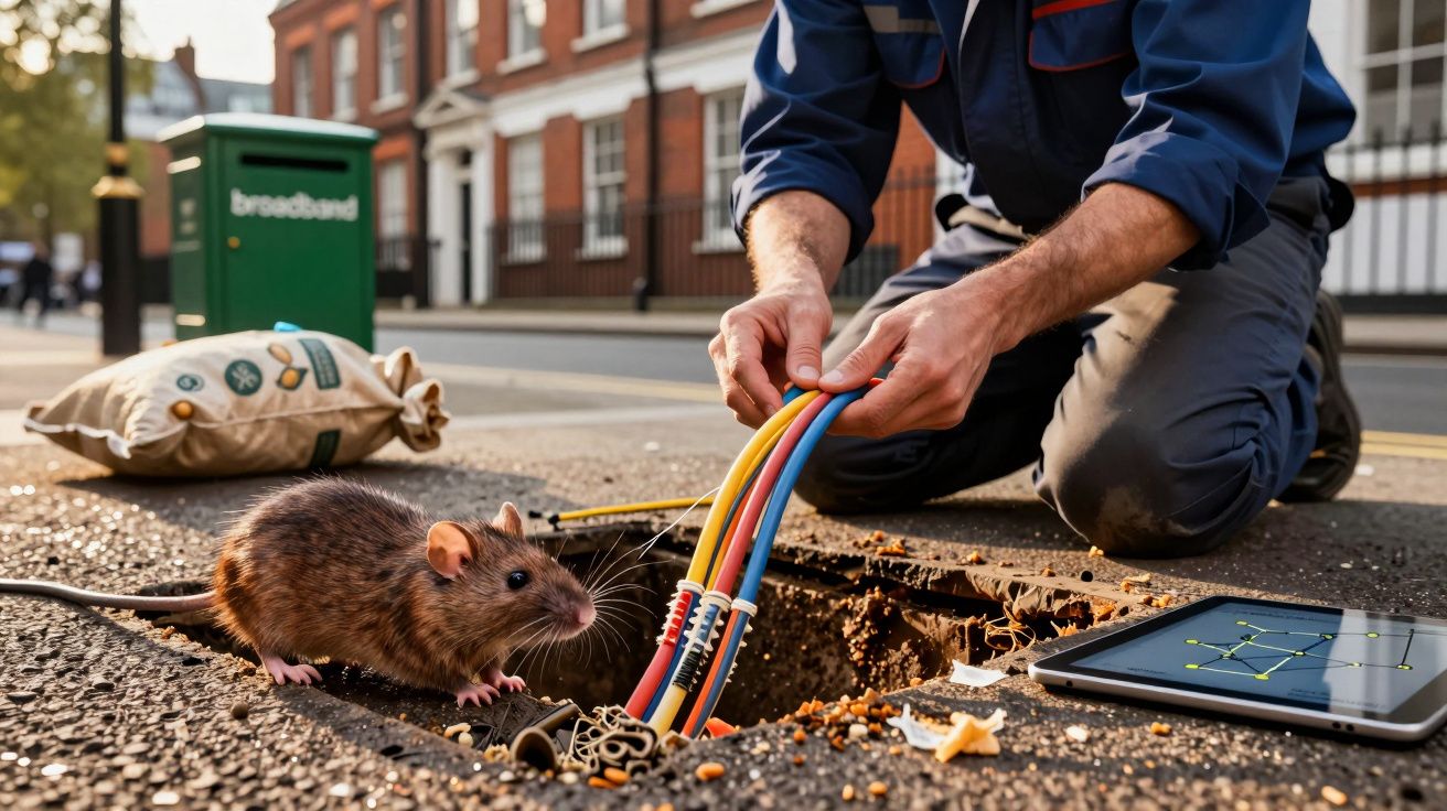 Técnico instala cabos de internet na rua enquanto rato observa próximo ao buraco no chão.