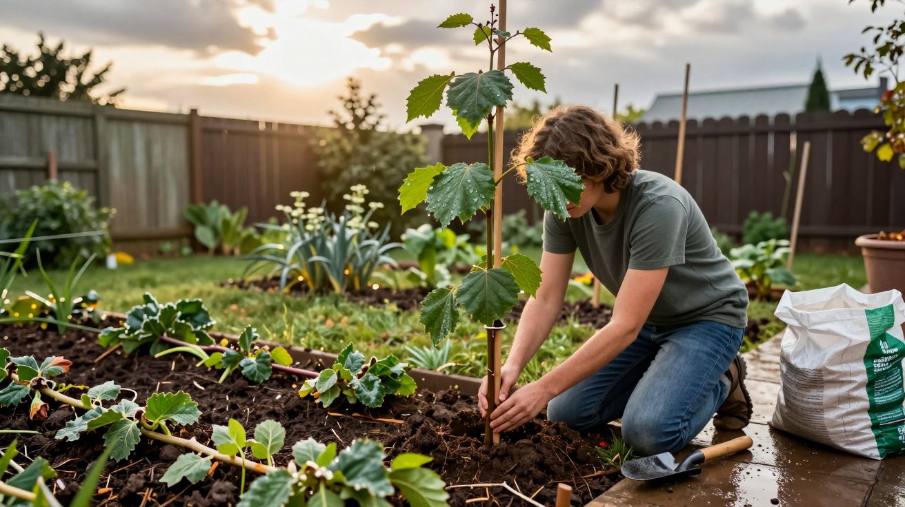 Pessoa plantando muda em jardim ao entardecer, cercado por plantas e saco de terra ao lado.