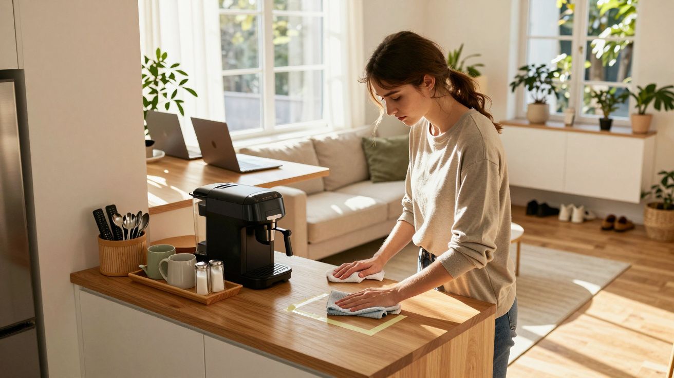Mulher limpando bancada de cozinha com cafeteira, xícaras e utensílios ao fundo, em ambiente iluminado.