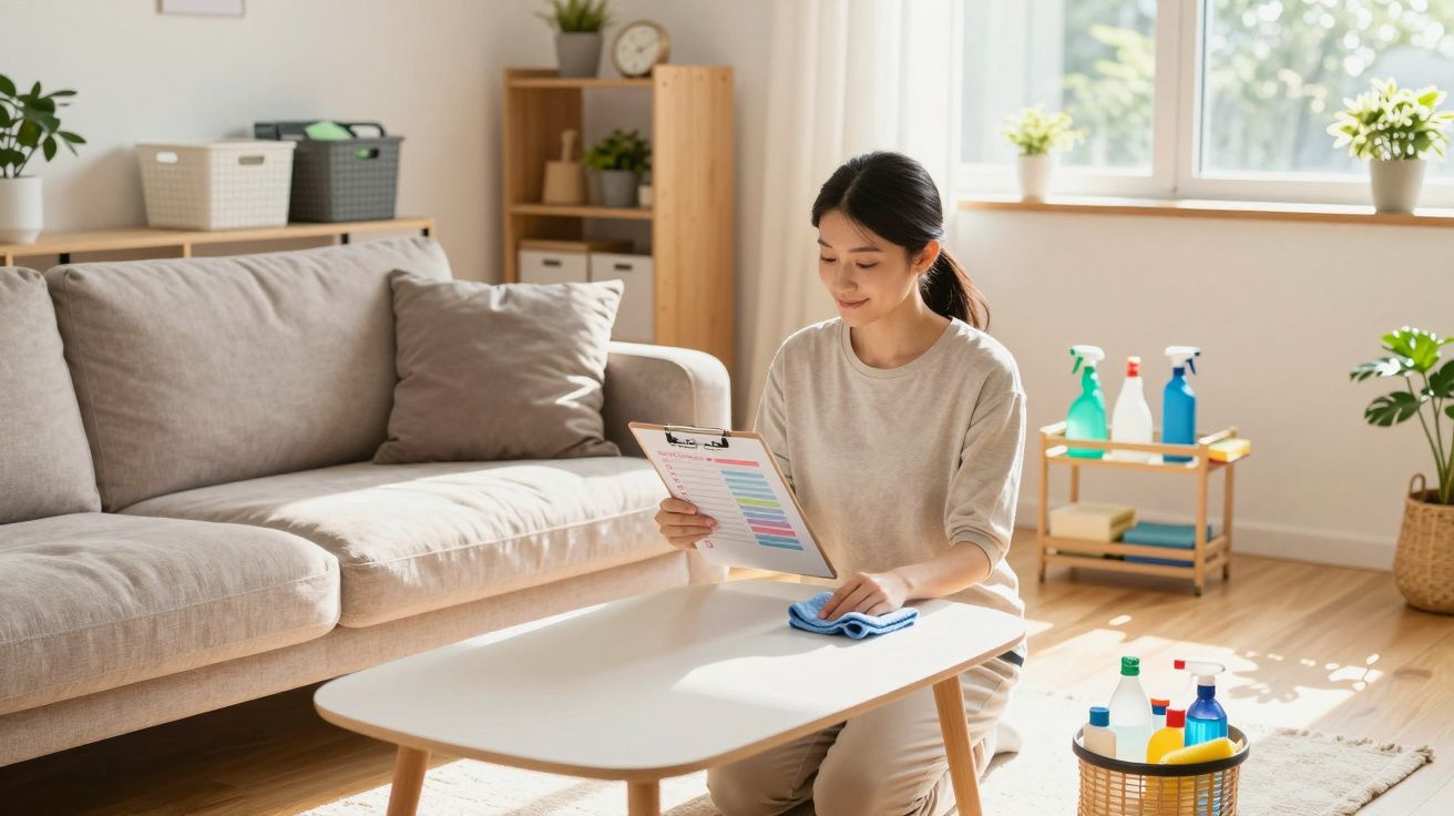 Mulher sentada no chão limpando uma mesa branca enquanto consulta uma lista de tarefas em um clipboard.