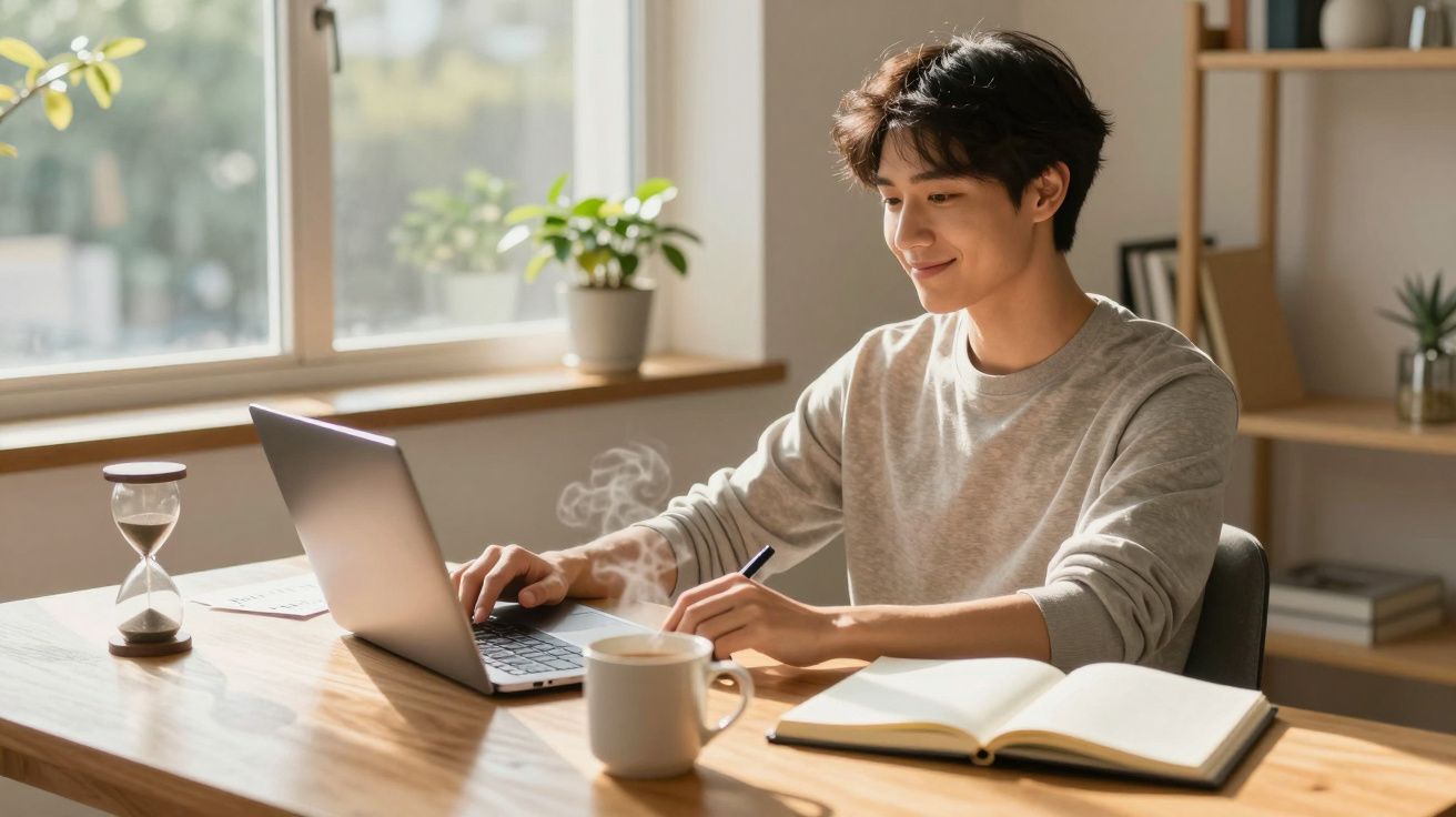 Jovem sorrindo usando laptop e anotando em caderno em mesa com xícara e ampulheta próxima a janela.