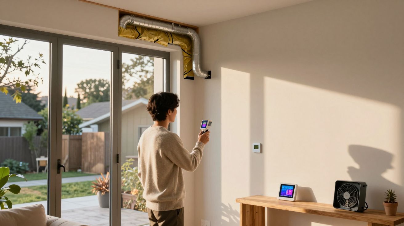 Pessoa ajusta termostato eletrônico em sala com porta de vidro para o jardim ao fundo.