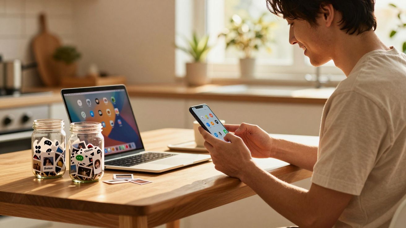 Homem sentado à mesa usando celular com laptop aberto em ambiente claro e decoração minimalista.