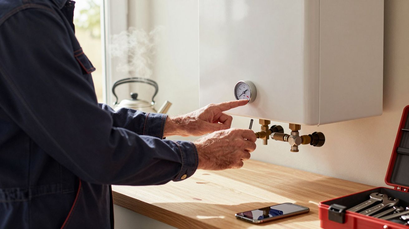 Técnico ajusta válvula de aquecedor de água em bancada de madeira com ferramentas e celular próximos.
