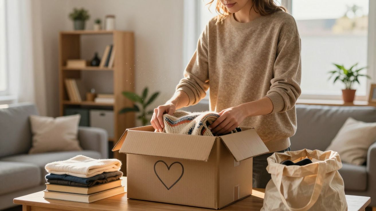 Mulher arrumando roupas em caixa de papelão com coração, em sala de estar iluminada e organizada.