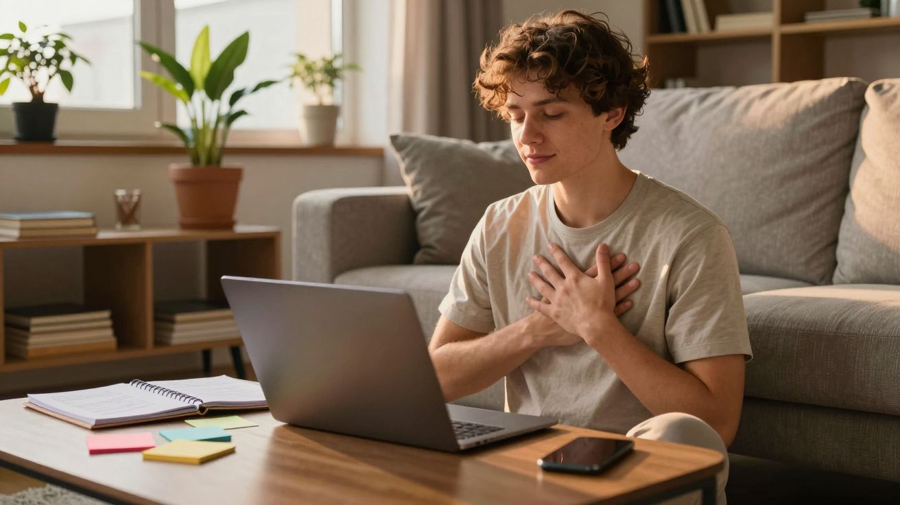 Jovem sentado no chão com laptop em mesa, mãos no peito e expressão serena em sala iluminada.