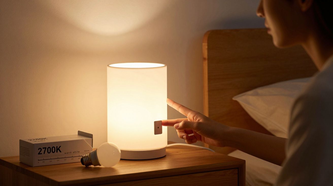 Pessoa ajustando a intensidade da luz de uma luminária de mesa em quarto à noite.