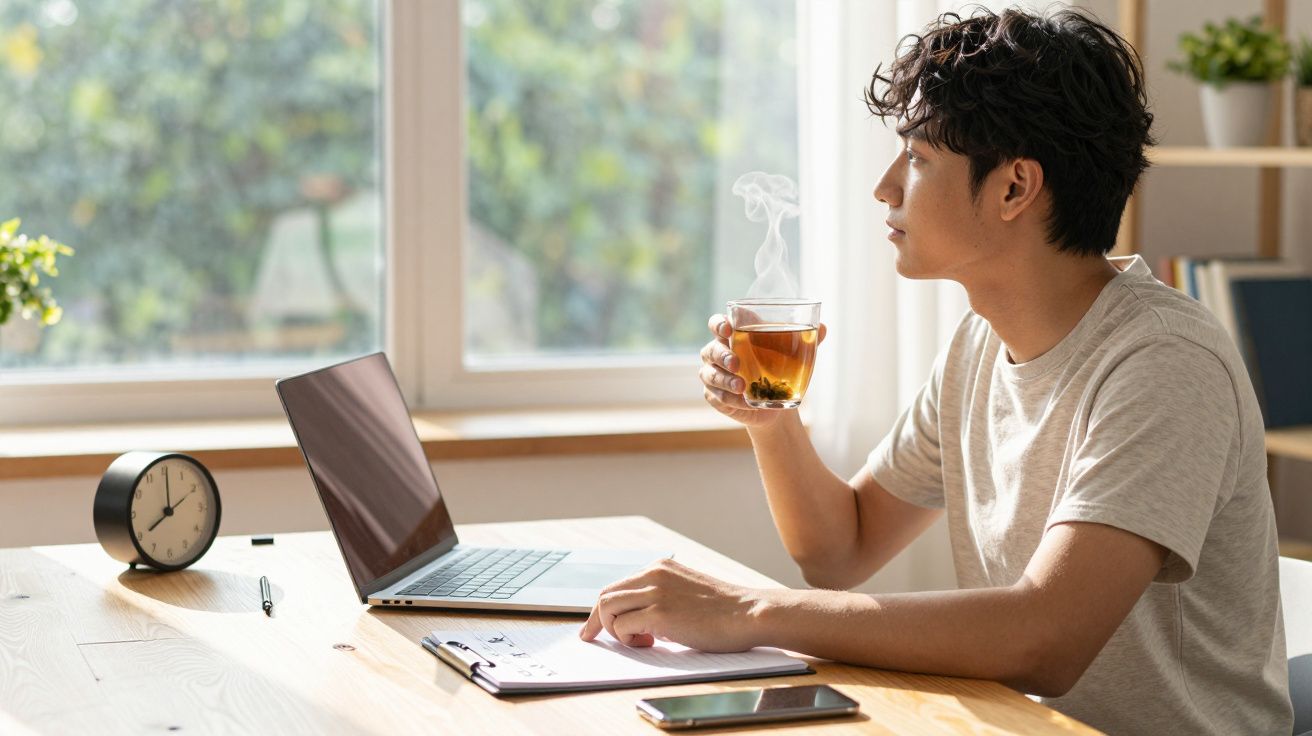 Jovem sentado à mesa, segurando xícara de chá quente, olhando para janela, com laptop, relógio e celular à sua frente.