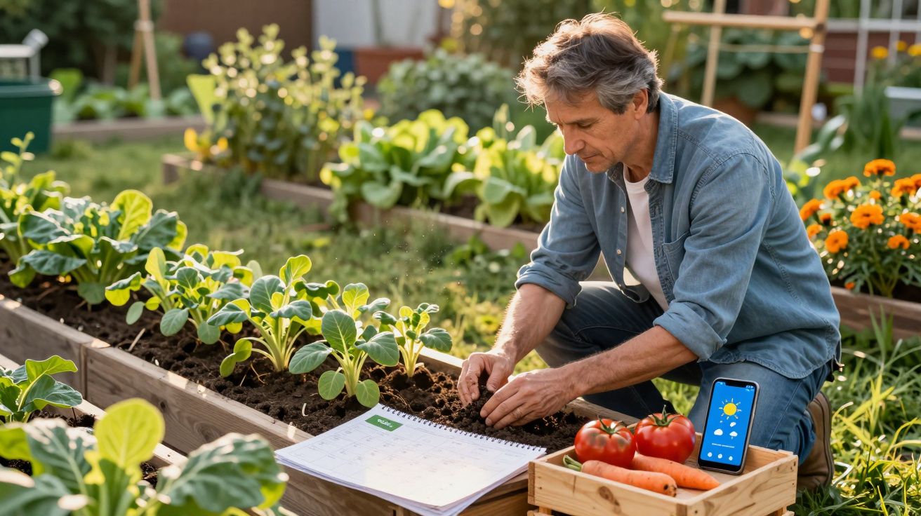 Homem cuidando de plantas em canteiro elevado com caixa de verduras, calendário e celular ao lado.