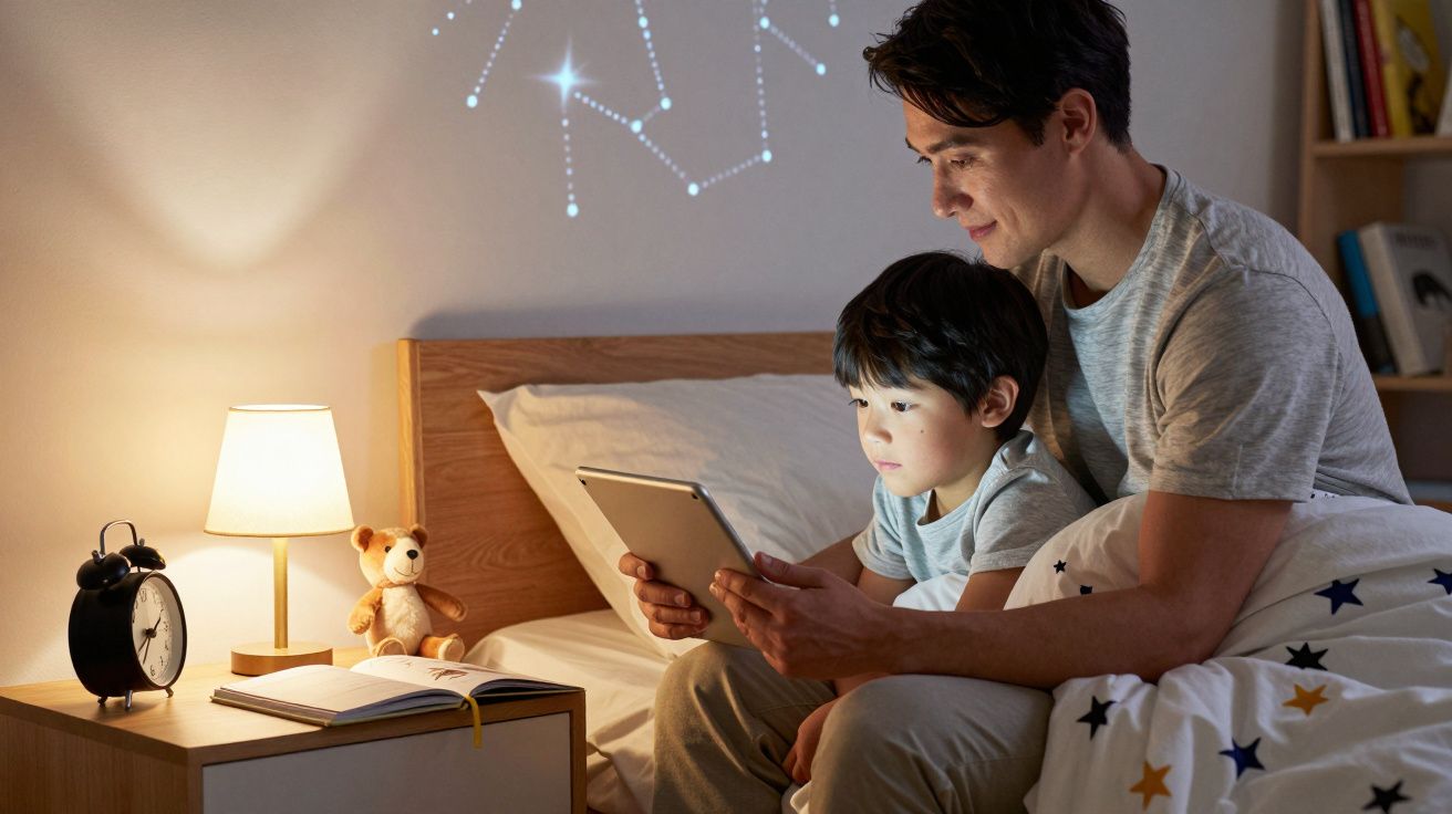 Pai e filho lendo juntos em um tablet na cama, à noite, com luz de abajur e ursinho ao lado.