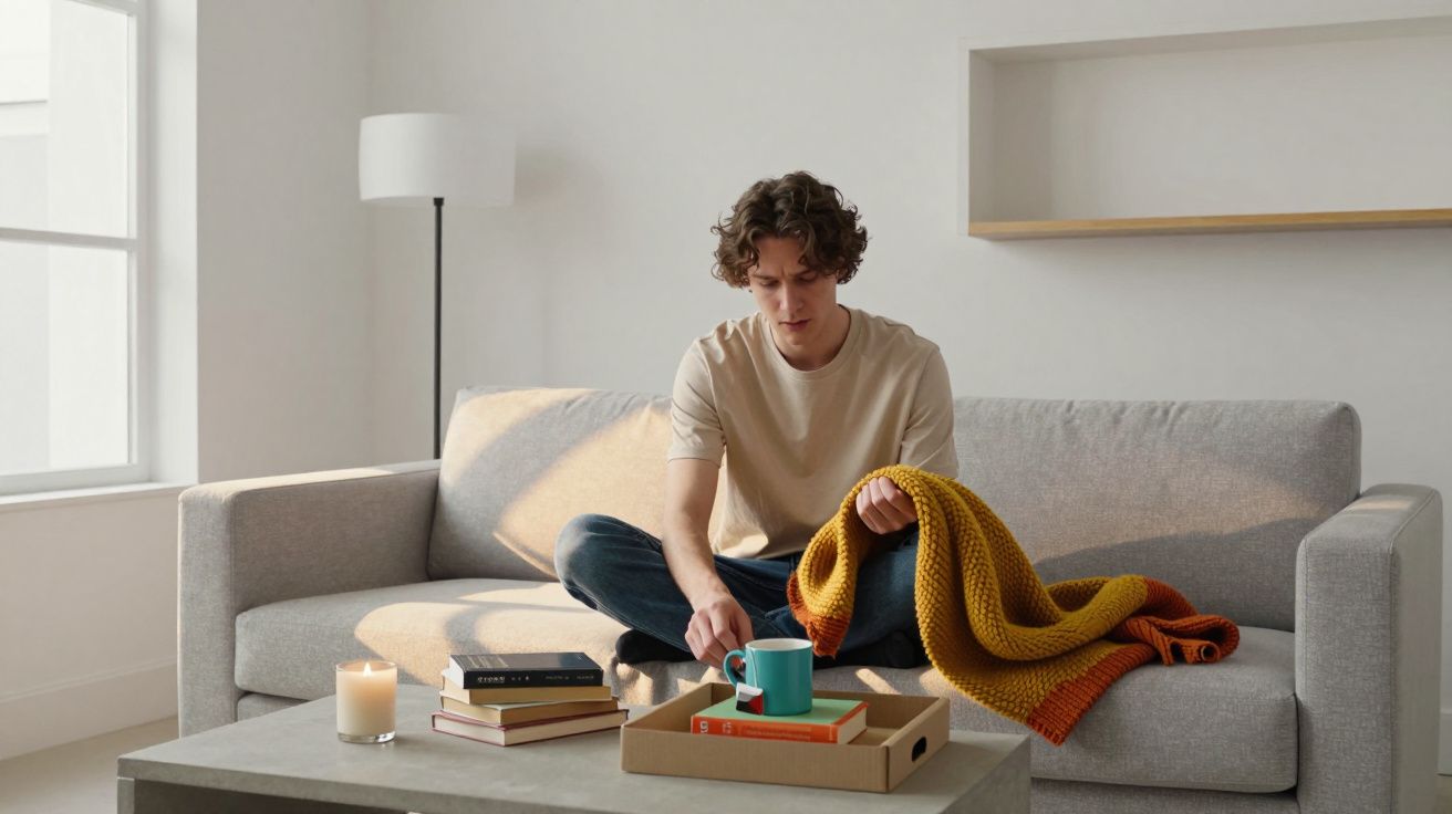 Homem sentado no sofá com manta, pegando uma caneca em uma sala clara e minimalista.