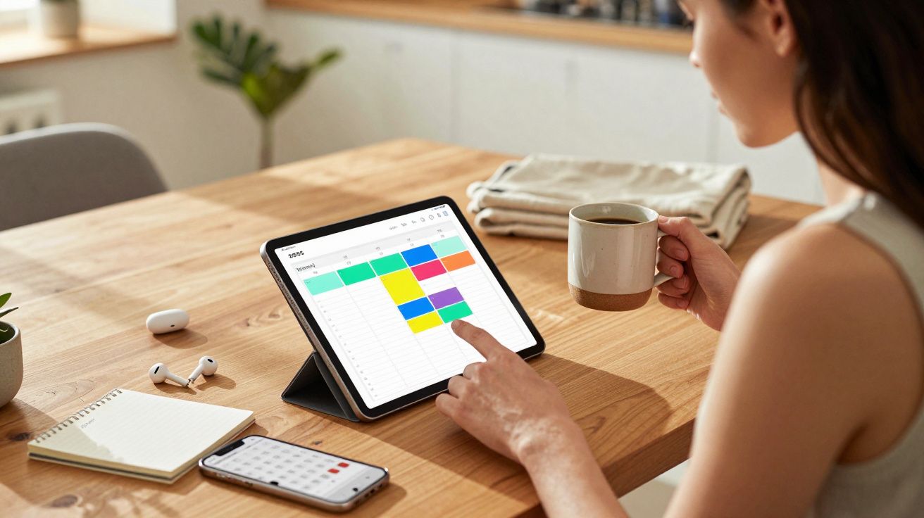 Pessoa usando tablet com calendário digital e segurando caneca de café em mesa de madeira.