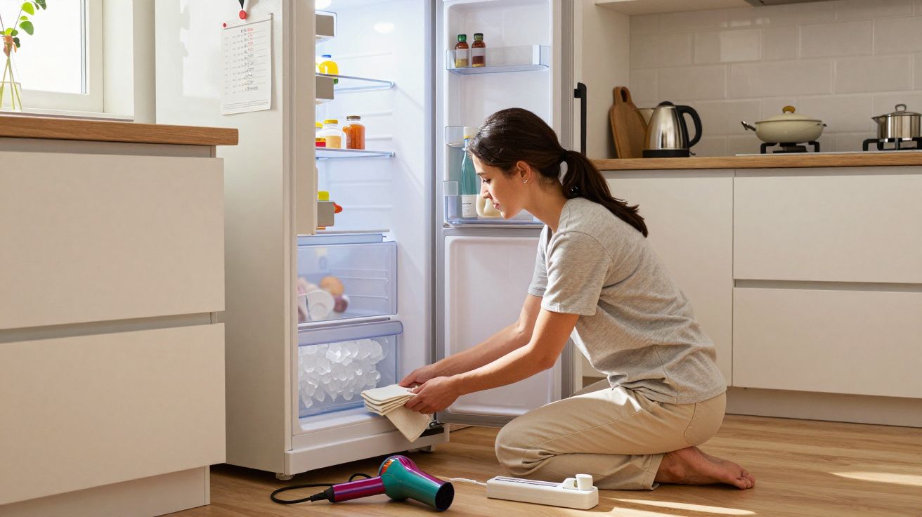 Mulher agachada limpando a gaveta de gelo de uma geladeira branca em cozinha moderna e iluminada.