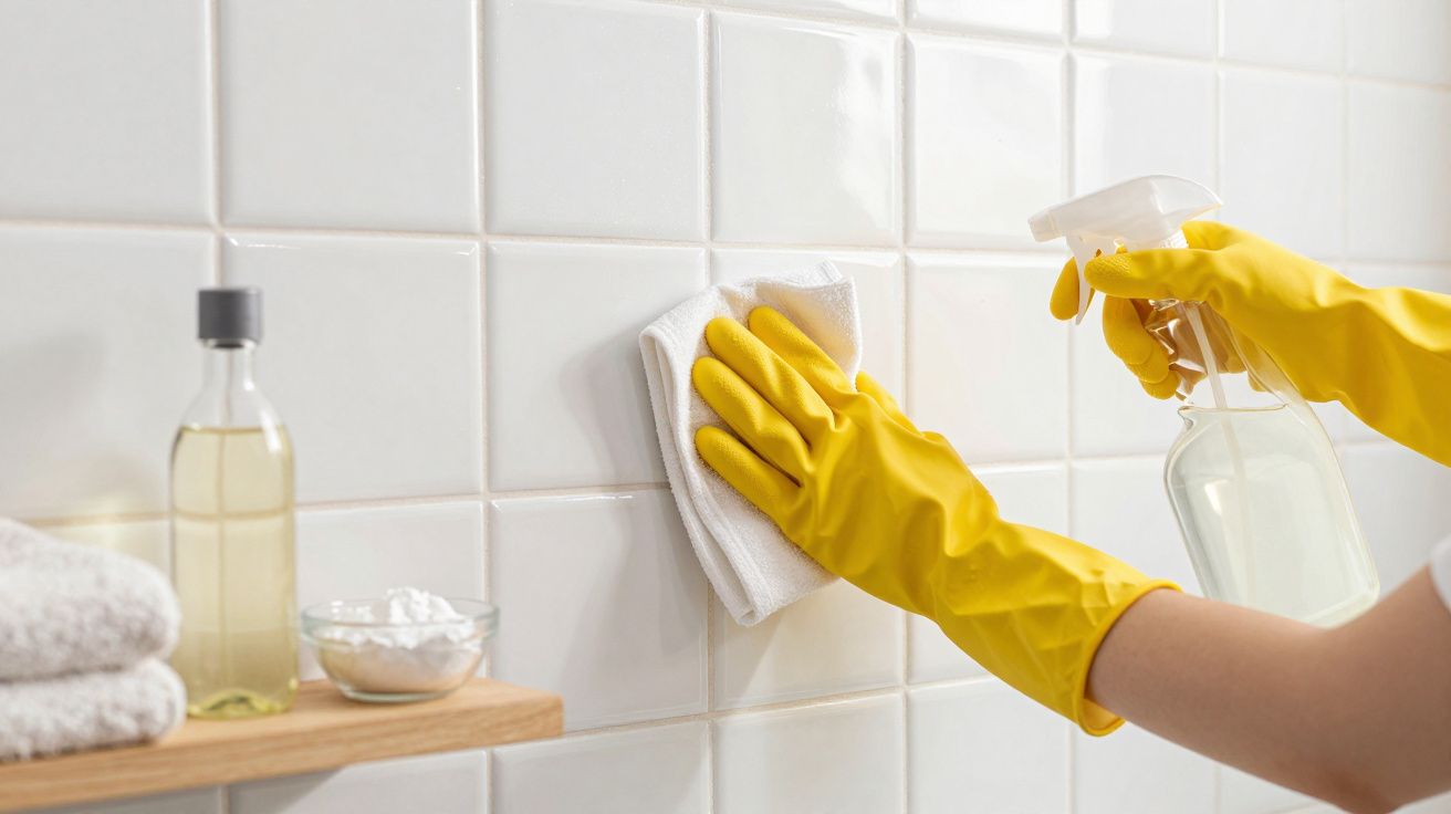 Pessoa com luvas amarelas limpando azulejos brancos com pano e borrifador em banheiro.