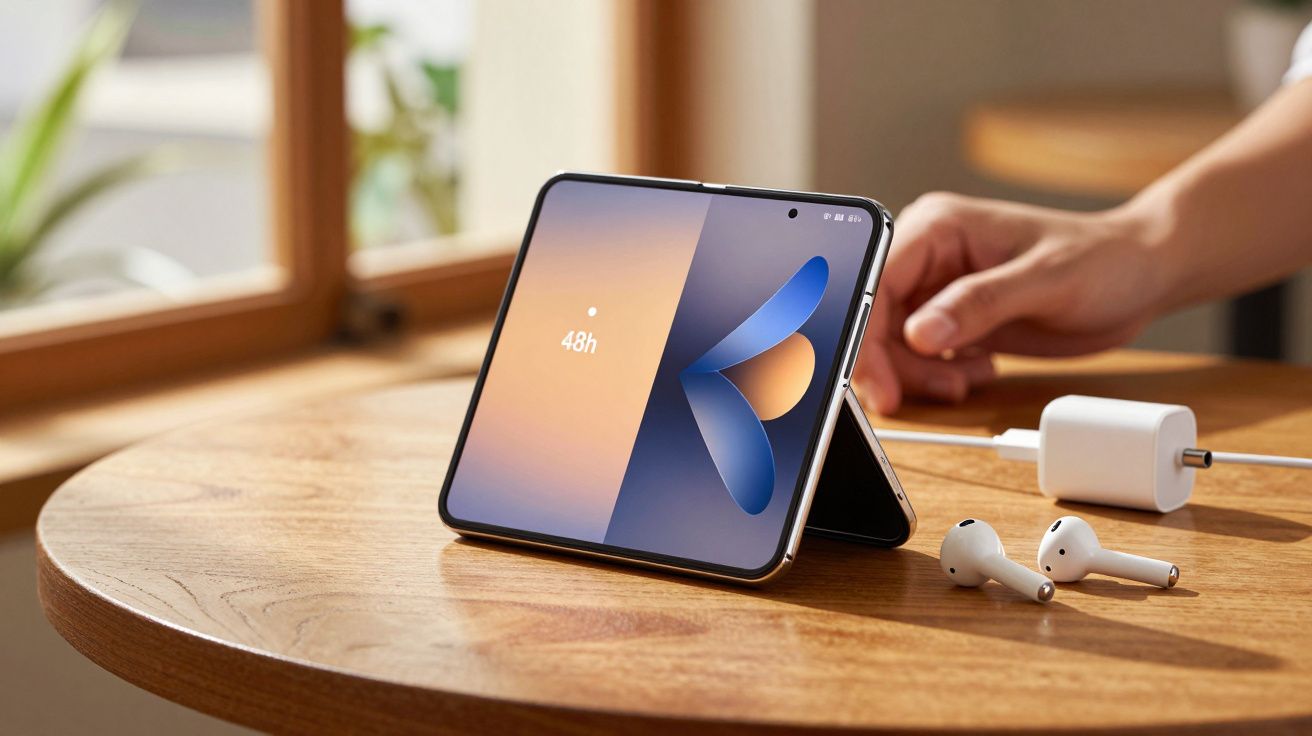 Smartphone dobrável na posição de suporte sobre mesa de madeira, com carregador e fones ao lado.