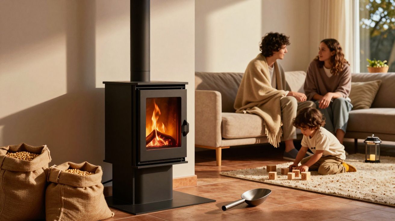 Lareira a lenha acesa em sala com duas mulheres conversando no sofá e criança brincando no tapete.