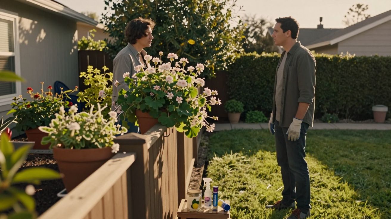 Duas pessoas conversando em um jardim, com vasos de flores sobre cerca de madeira ao entardecer.
