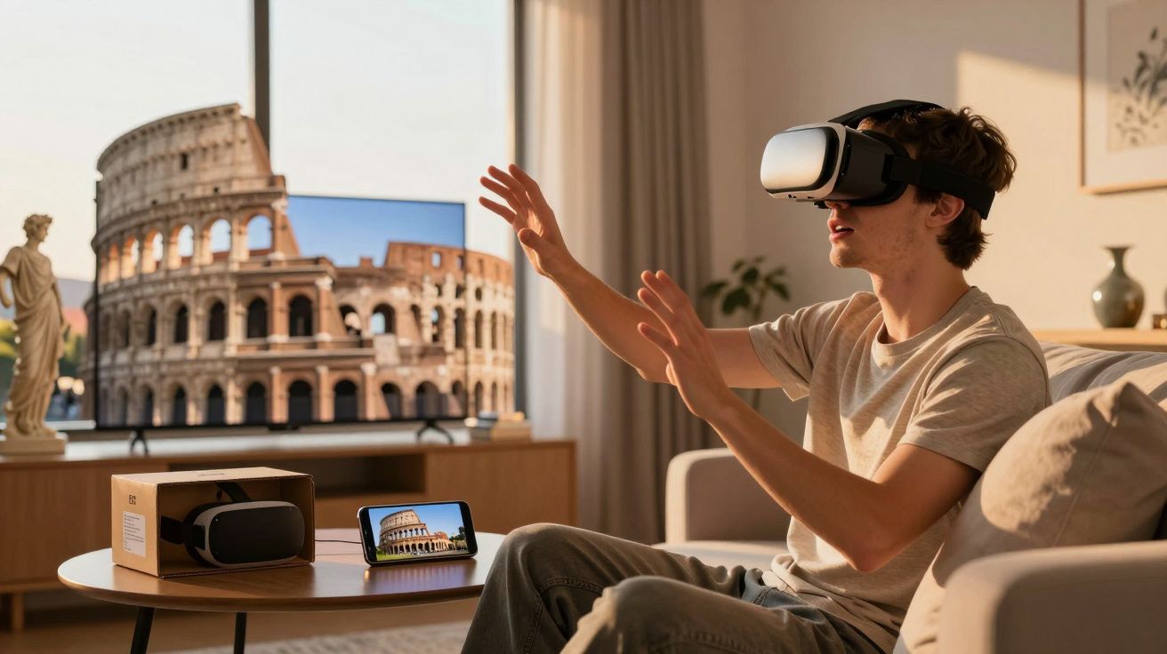 Jovem usando óculos de realidade virtual sentado no sofá com imagens do Coliseu na TV e celular.