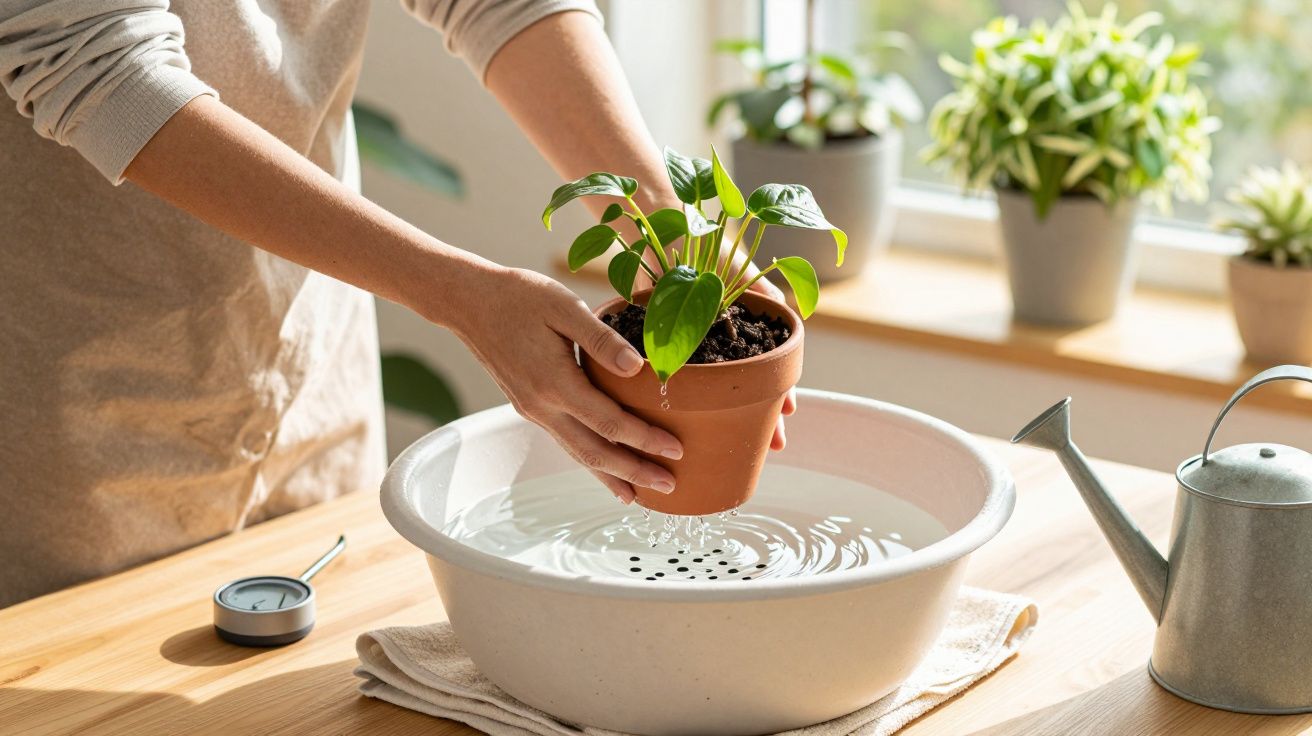 Pessoa molhando planta em vaso de cerâmica dentro de bacia branca sobre mesa de madeira.