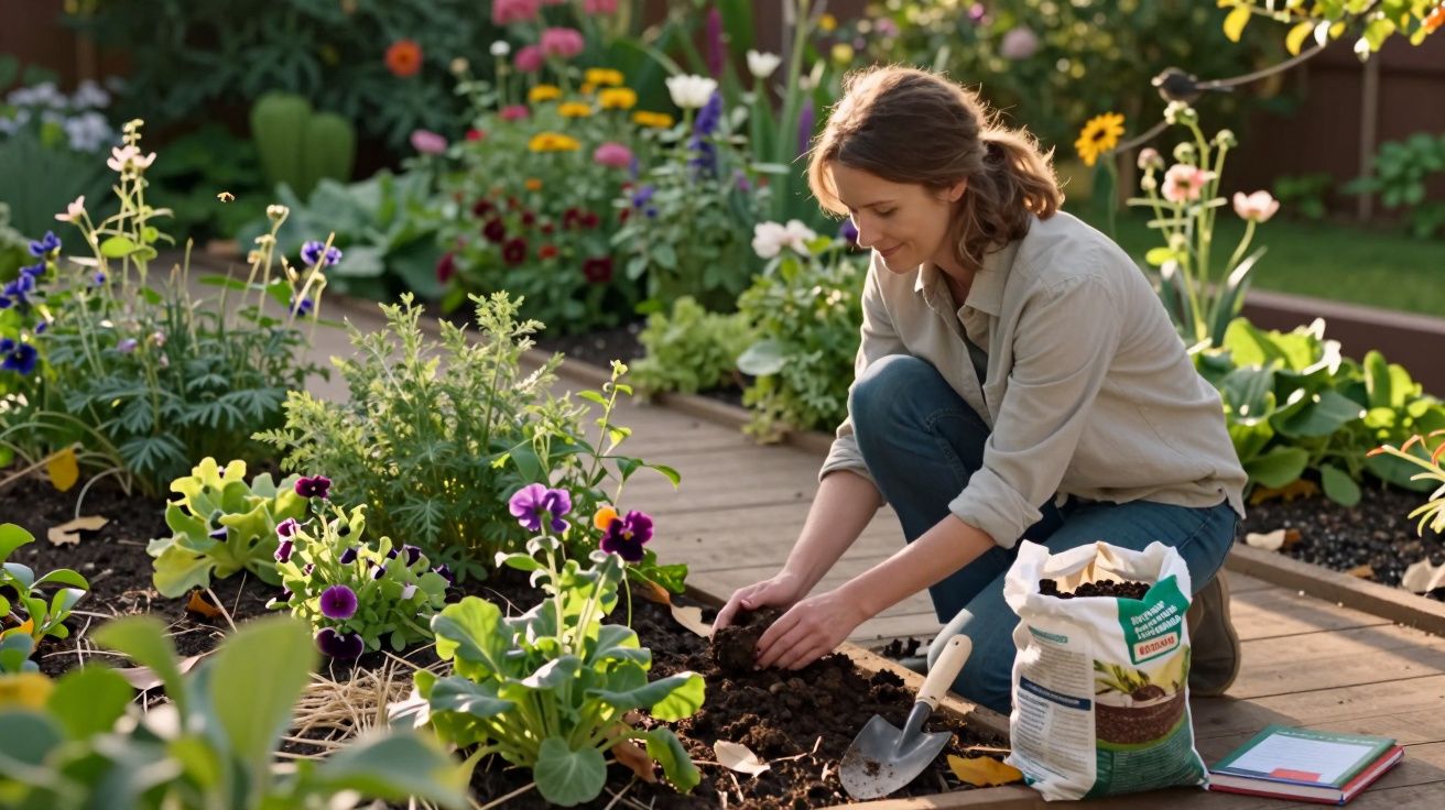 Mulher agachada cuidando do jardim, plantando flores em canteiro com ferramentas e terra ao redor.
