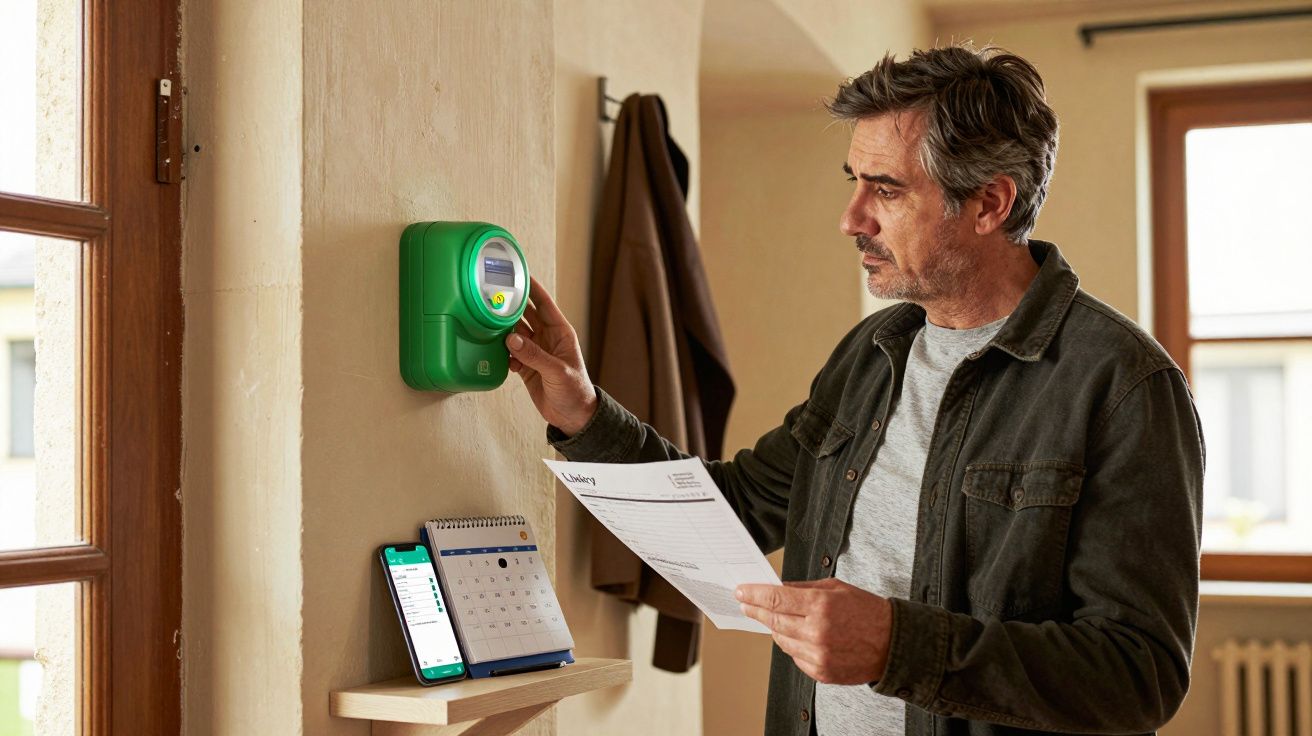 Homem confere leitura de medidor verde na parede segurando conta de consumo de energia.