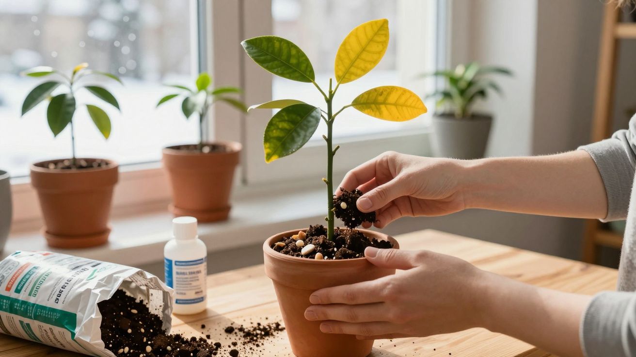 Pessoa cuidando de planta pequena com folhas verdes e amarelas em vaso de barro dentro de casa.