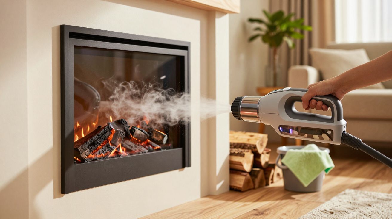 Pessoa usando vaporizador para limpar lareira acesa em sala com madeira empilhada e vaso ao fundo.
