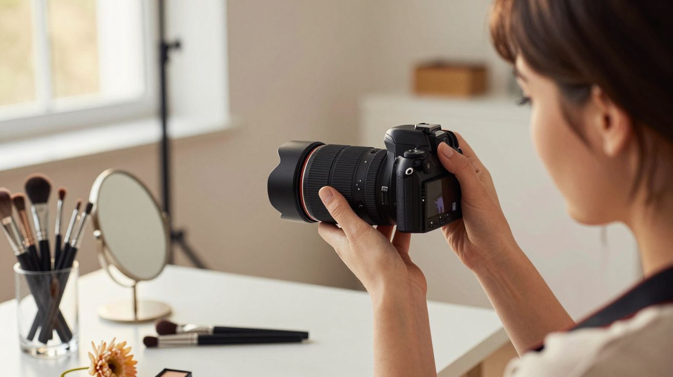 Pessoa segurando câmera fotográfica DSLR próxima a mesa com espelho, pinceis de maquiagem e flores.