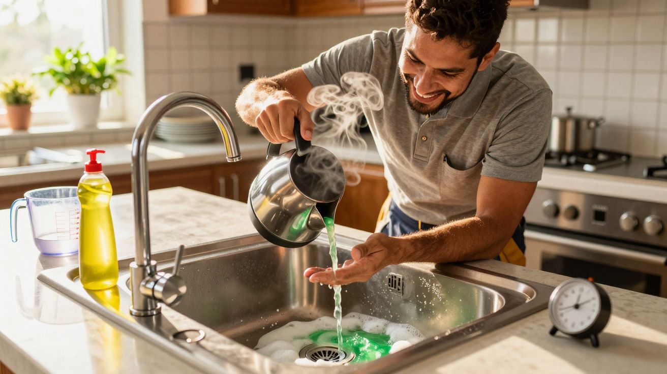 Homem sorridente despejando água quente no ralo da pia da cozinha para desentupir.