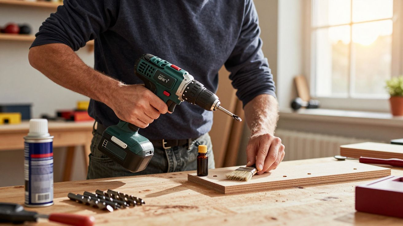 Pessoa usando furadeira elétrica em bancada de madeira com pincel e ferramentas em oficina iluminada pela luz do dia.