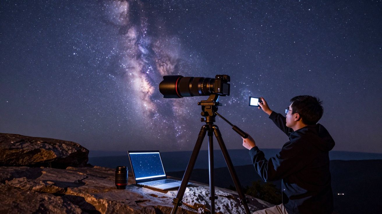 Pessoa ajustando câmera em tripé para fotografar a Via Láctea durante a noite sob céu estrelado.