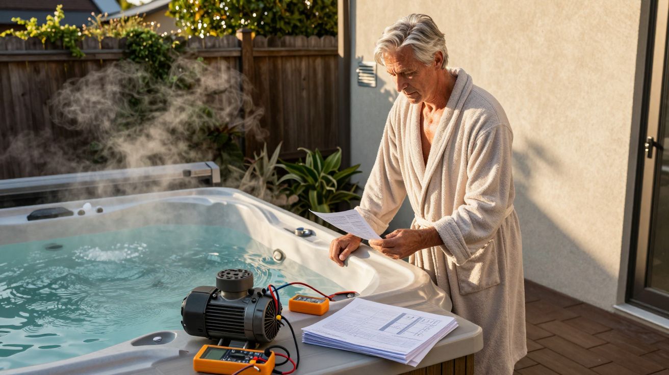 Homem de roupão branco analisando documentos ao lado de uma banheira quente com equipamentos eletrônicos.