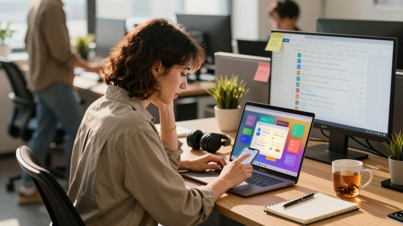Mulher usando smartphone e laptop em mesa de escritório com grande monitor, copo de chá e caderno aberto.