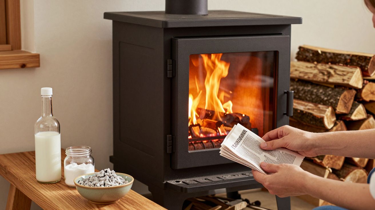 Lareira a lenha acesa com pessoa segurando papel e pilha de madeira ao fundo em ambiente aconchegante.