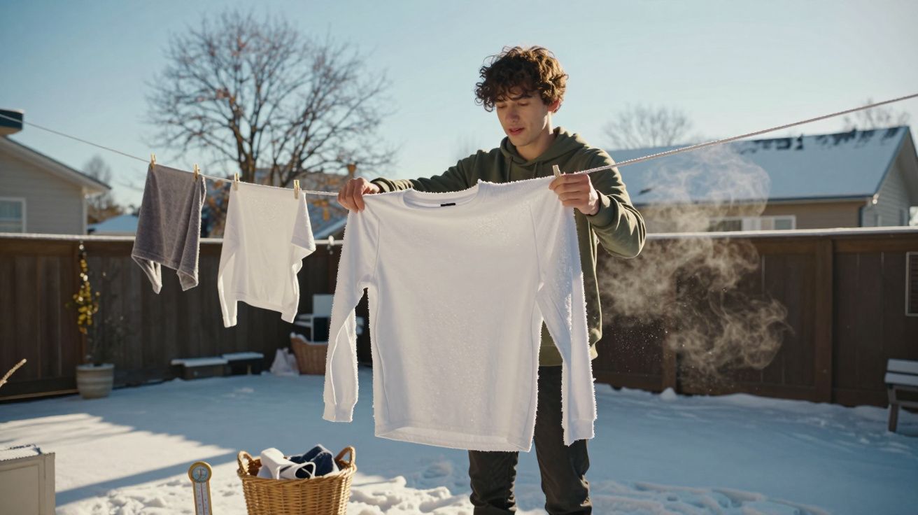 Jovem pendura roupa branca para secar ao sol em quintal coberto de neve em dia frio.