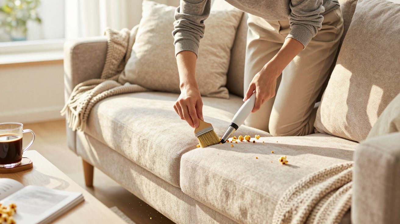 Pessoa limpando migalhas de sofá bege com mini aspirador e pincel em sala bem iluminada.