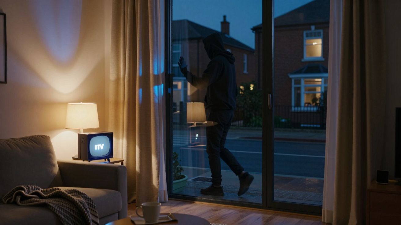 Pessoa de capuz tentando entrar em casa pela porta de vidro à noite, sala iluminada e televisão ligada.