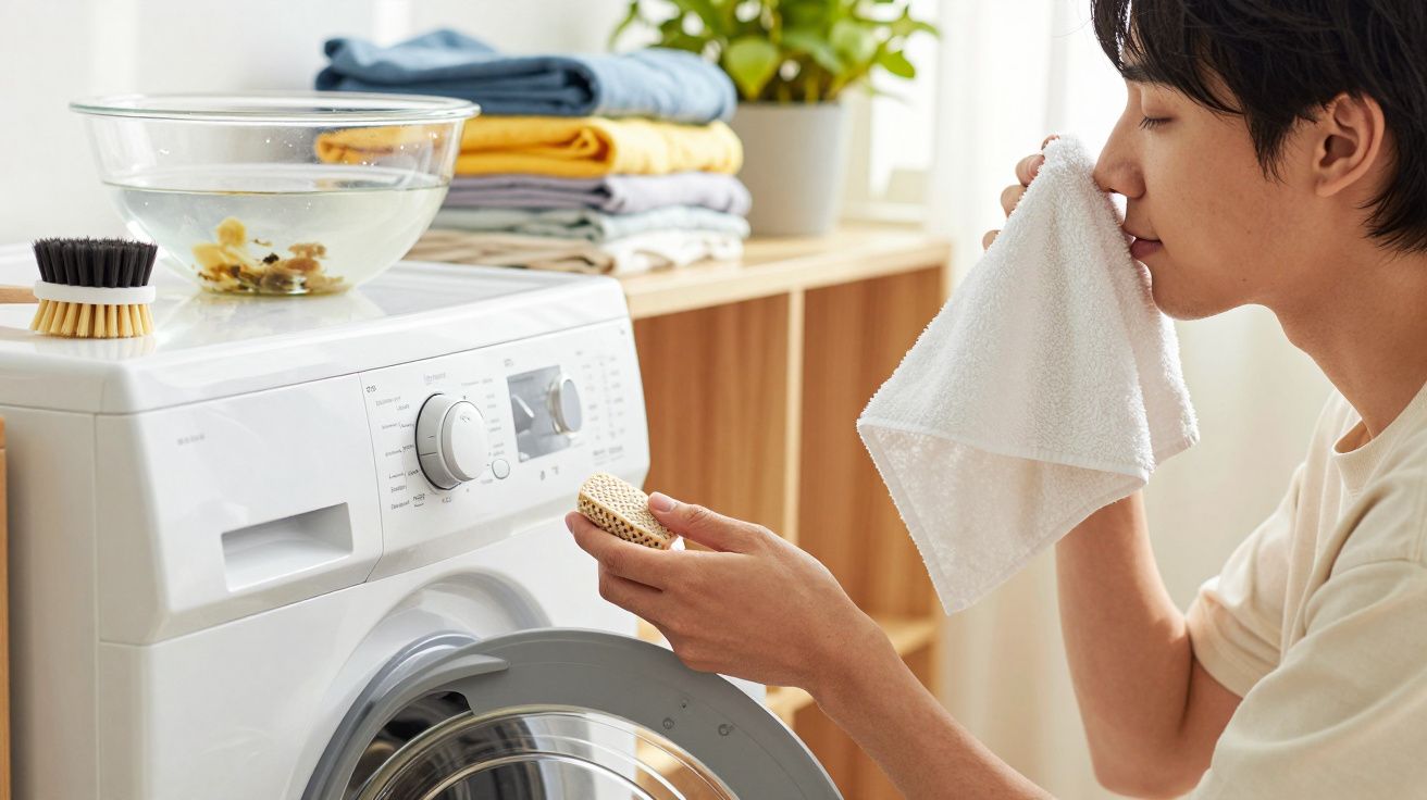Pessoa sentada ao lado de máquina de lavar, cheirando toalha branca dobrada na mão em lavanderia iluminada.
