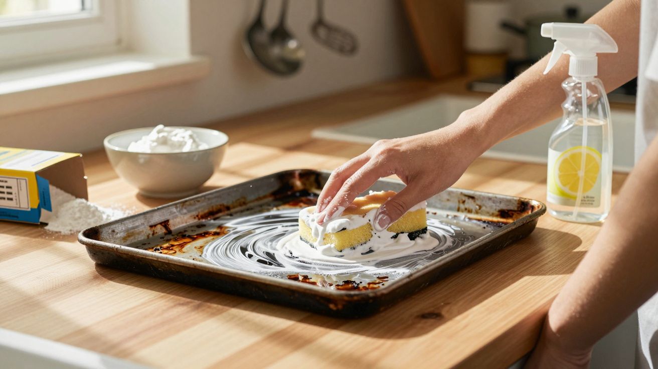 Mão esfregando uma assadeira suja com esponja e creme de limpeza sobre bancada de madeira na cozinha.