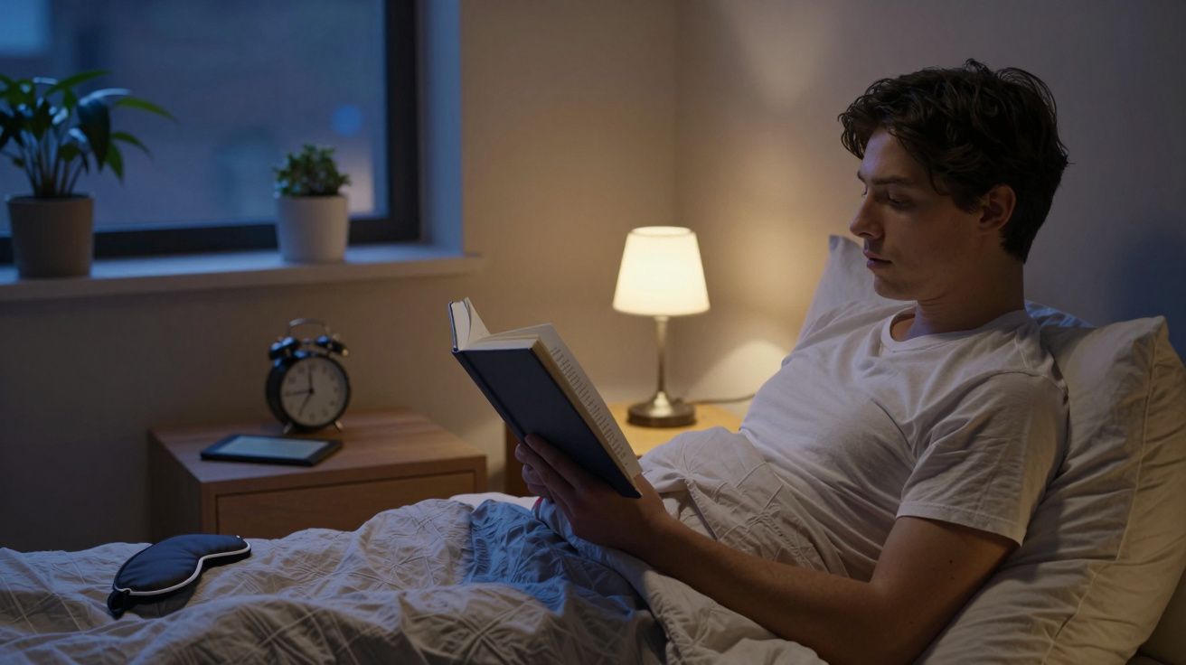 Homem jovem lendo livro na cama iluminado por abajur em quarto à noite.