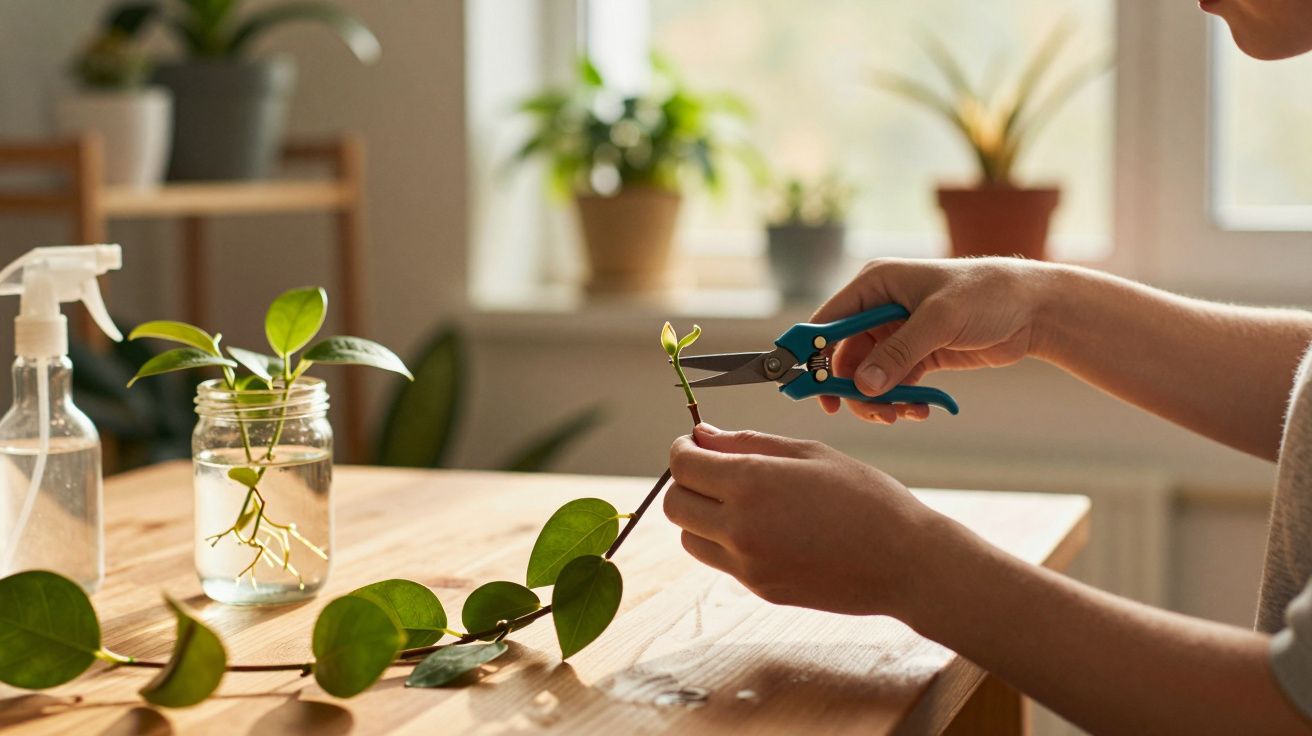 Pessoa podando ramo de planta com tesoura de jardinagem em ambiente interno iluminado pela luz natural.