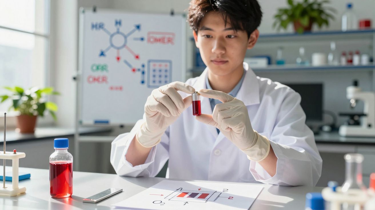 Jovem cientista em laboratório segurando tubo de ensaio com líquido vermelho, com quadro e equipamentos ao fundo.