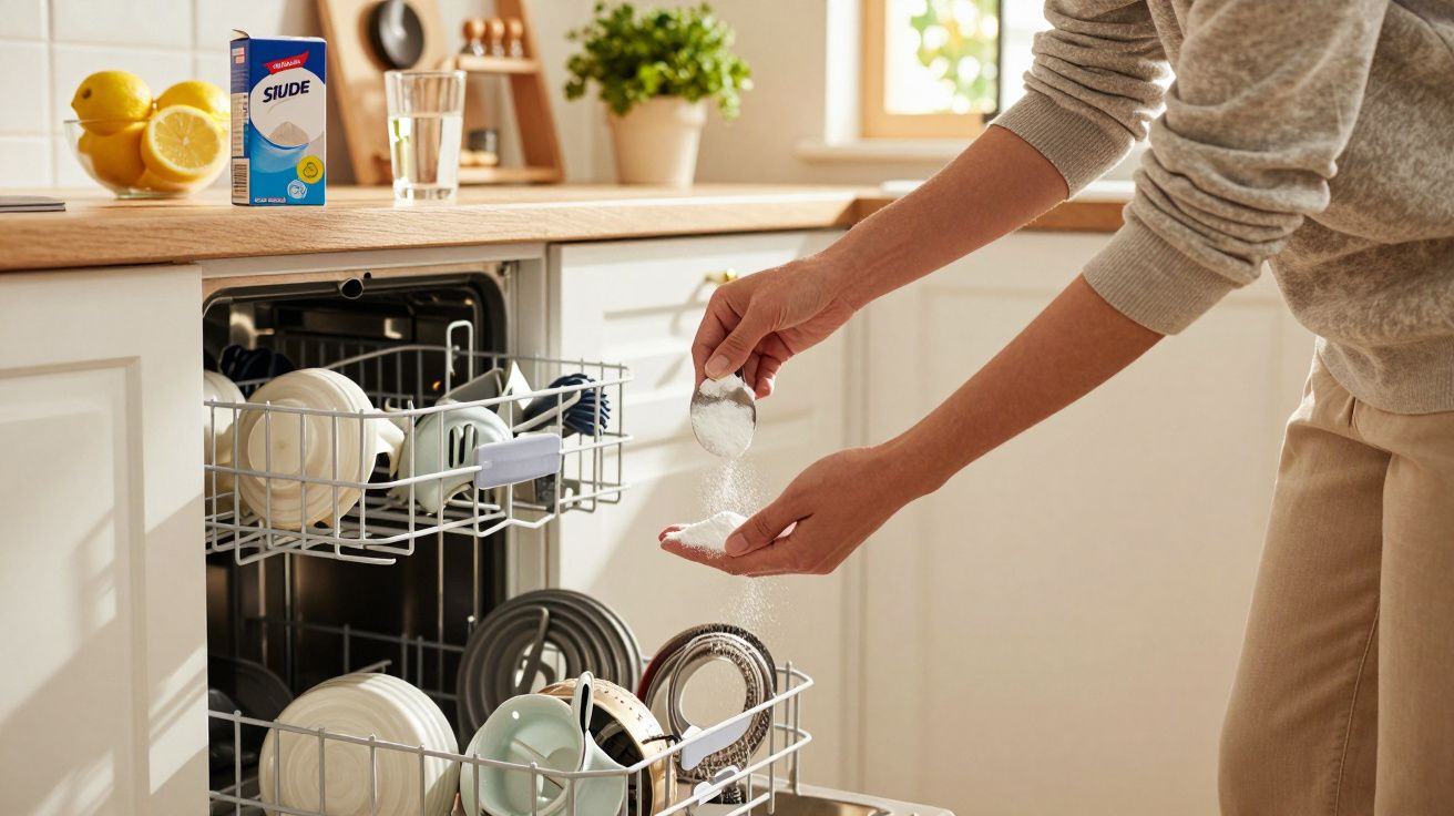Pessoa colocando pó de limpeza em máquina de lavar louças cheia de pratos e utensílios na cozinha.