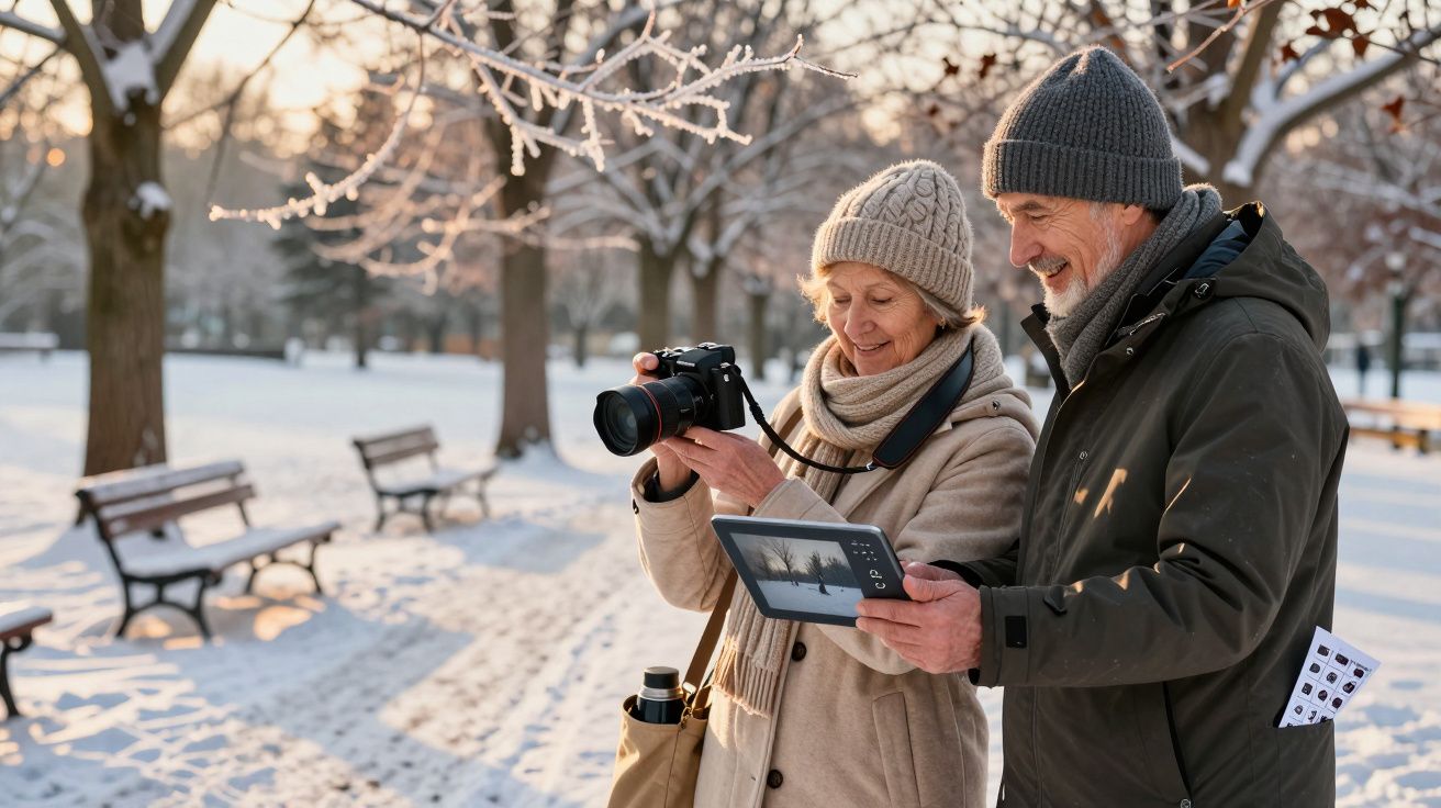 Casal idoso com roupas de inverno confere fotos tiradas em câmera ao ar livre na neve.