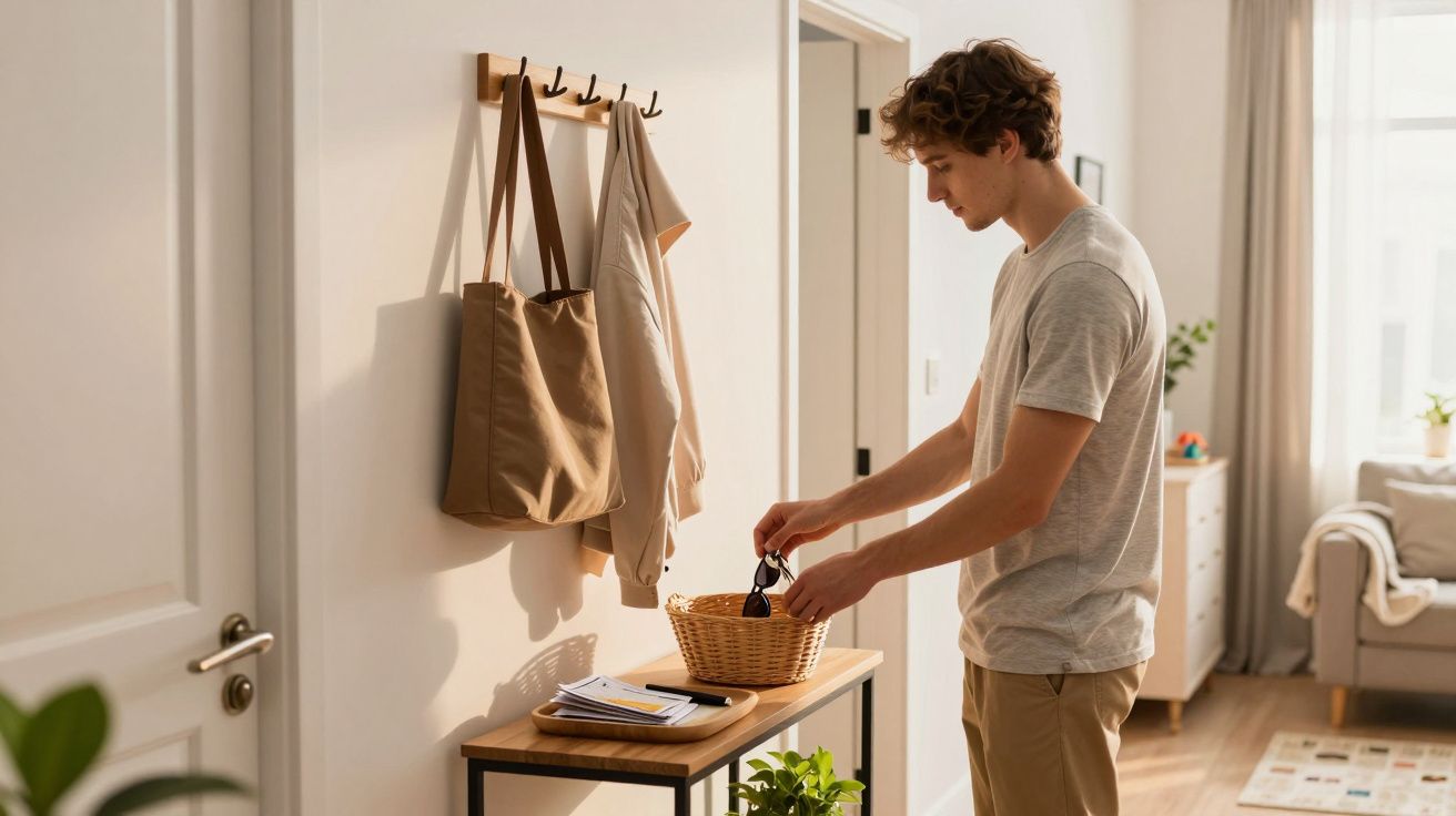 Homem guardando óculos em cesta na entrada de casa iluminada e organizada.