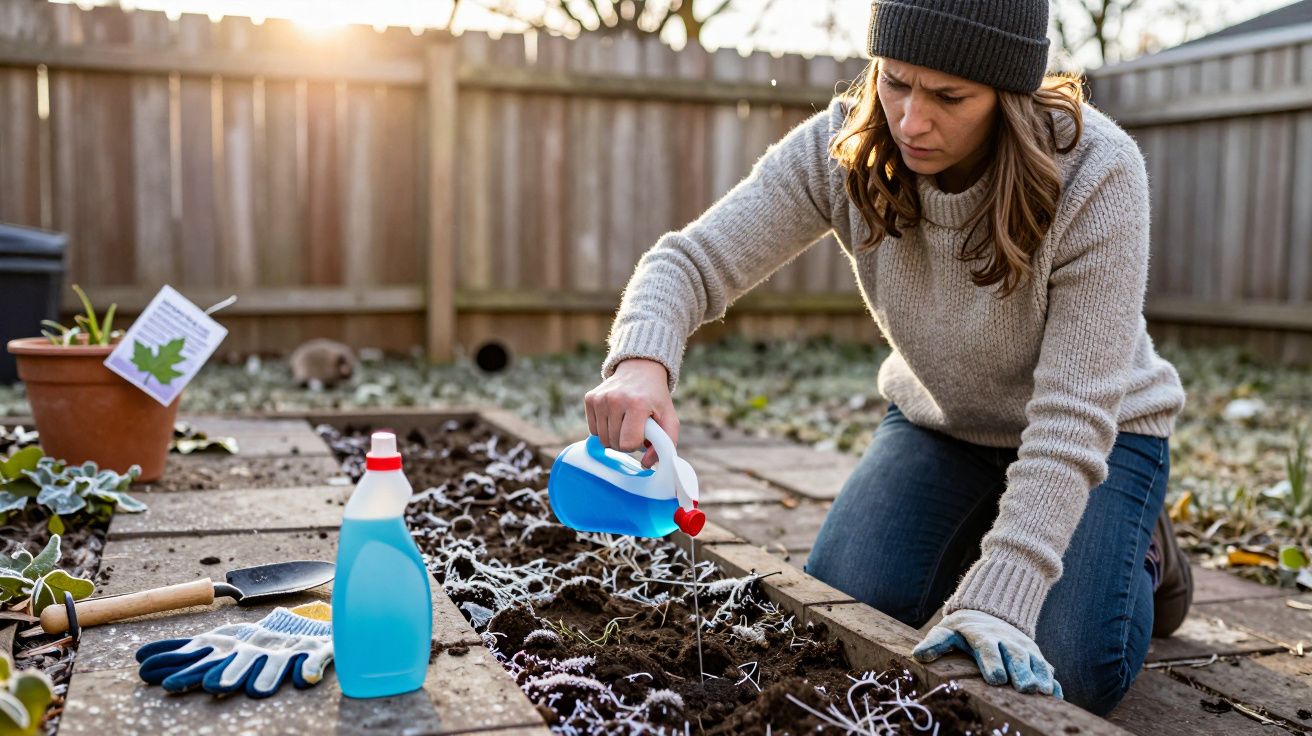Mulher regando muda em horta caseira enquanto usa luvas, suéter e gorro no jardim ao ar livre.