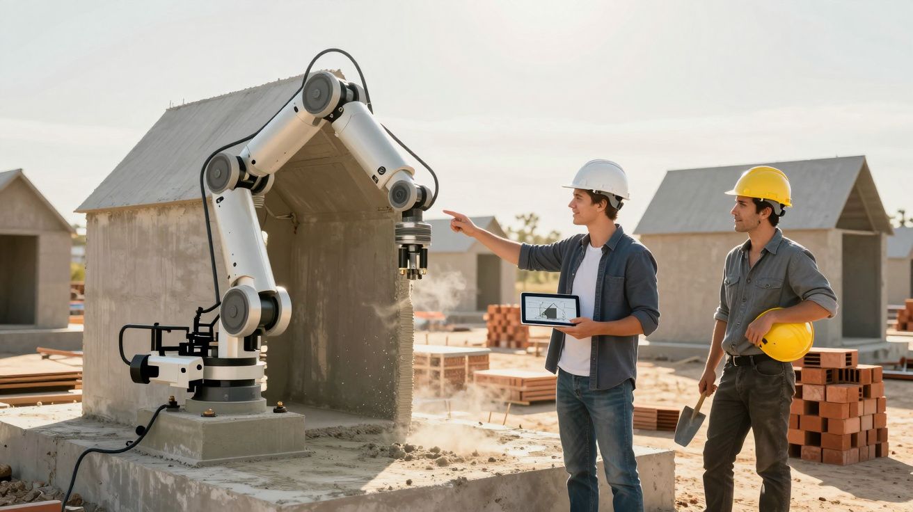 Engenheiros com capacetes usando tablet controlam robô que constrói casa de concreto em obra.